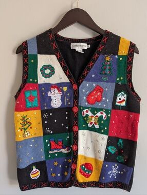 Vintage Compliments Christmas Vest, Knit Embroidered, Beaded, Festive Applique M